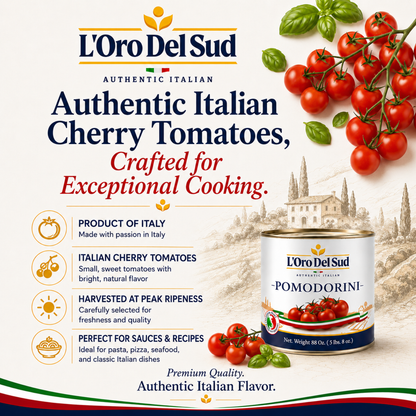 L'Oro Del Sud cherry tomato can with tomatoes and text on a white background