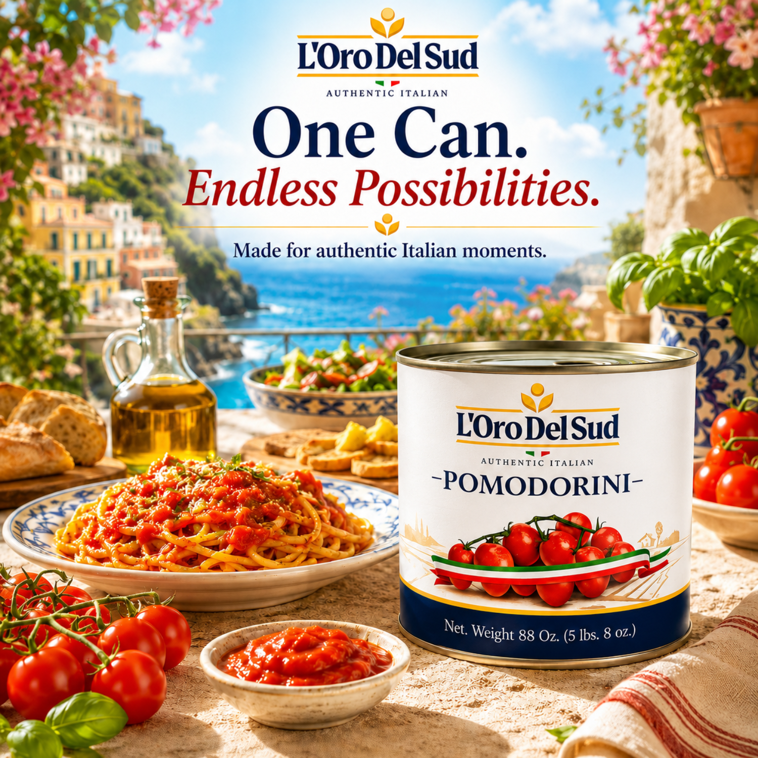 L'Oro Del Sud pomodorini can with Italian food and scenic background