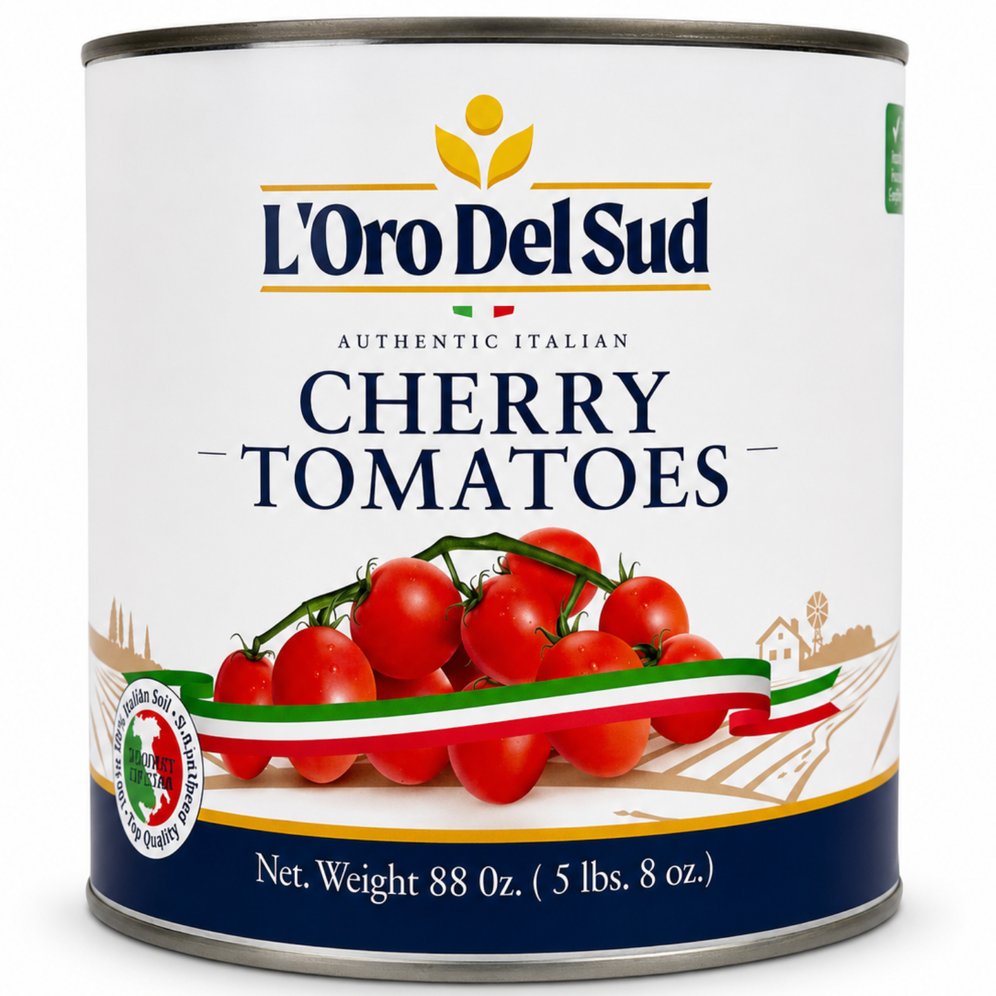 Can of L'Oro Del Sud cherry tomatoes on a white background