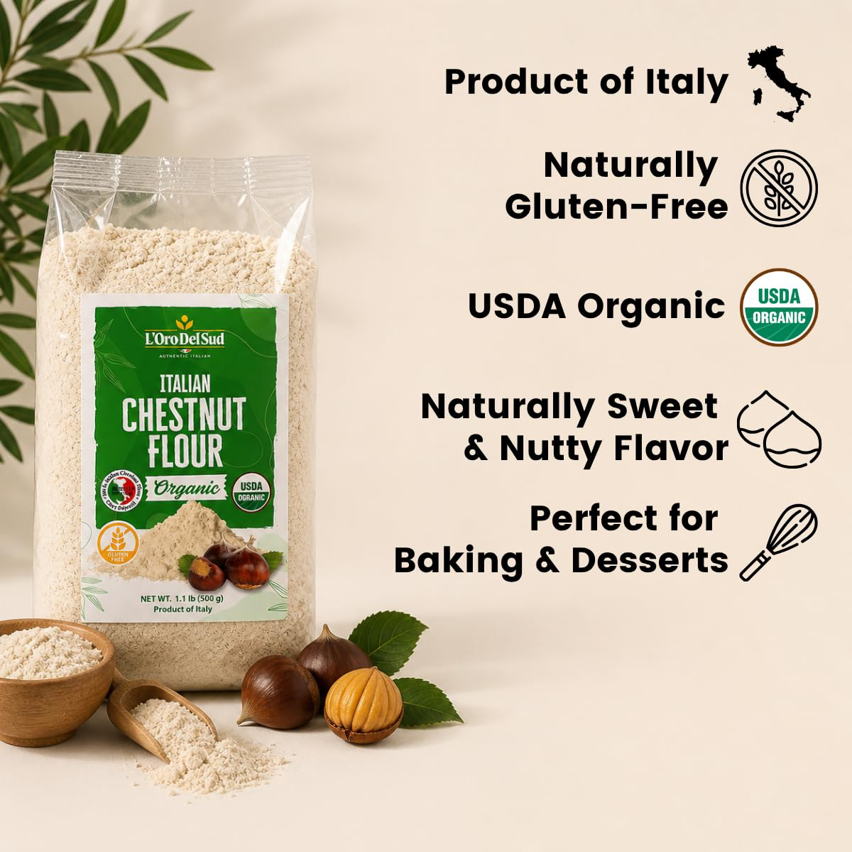 L'Oro Del Sud Chestnut Flour (500g / 1.1 lb) — premium gluten-free specialty flour from Southern Italy. Naturally sweet, rich in fiber & minerals. Perfect for gluten-free baking, pasta, crepes & traditional Italian recipes.
