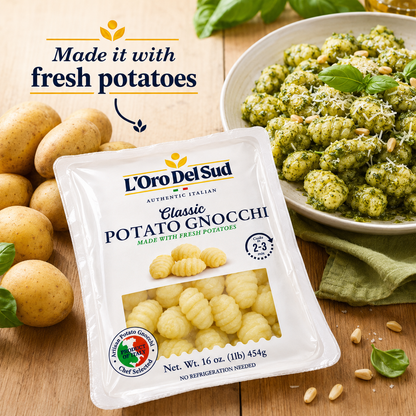 L'Oro Del Sud Potato Gnocchi — 3 x 1 lb bags of authentic Italian gnocchi made with 70% potatoes. Vegan, Non-GMO, no preservatives. Ready in 2–3 minutes.