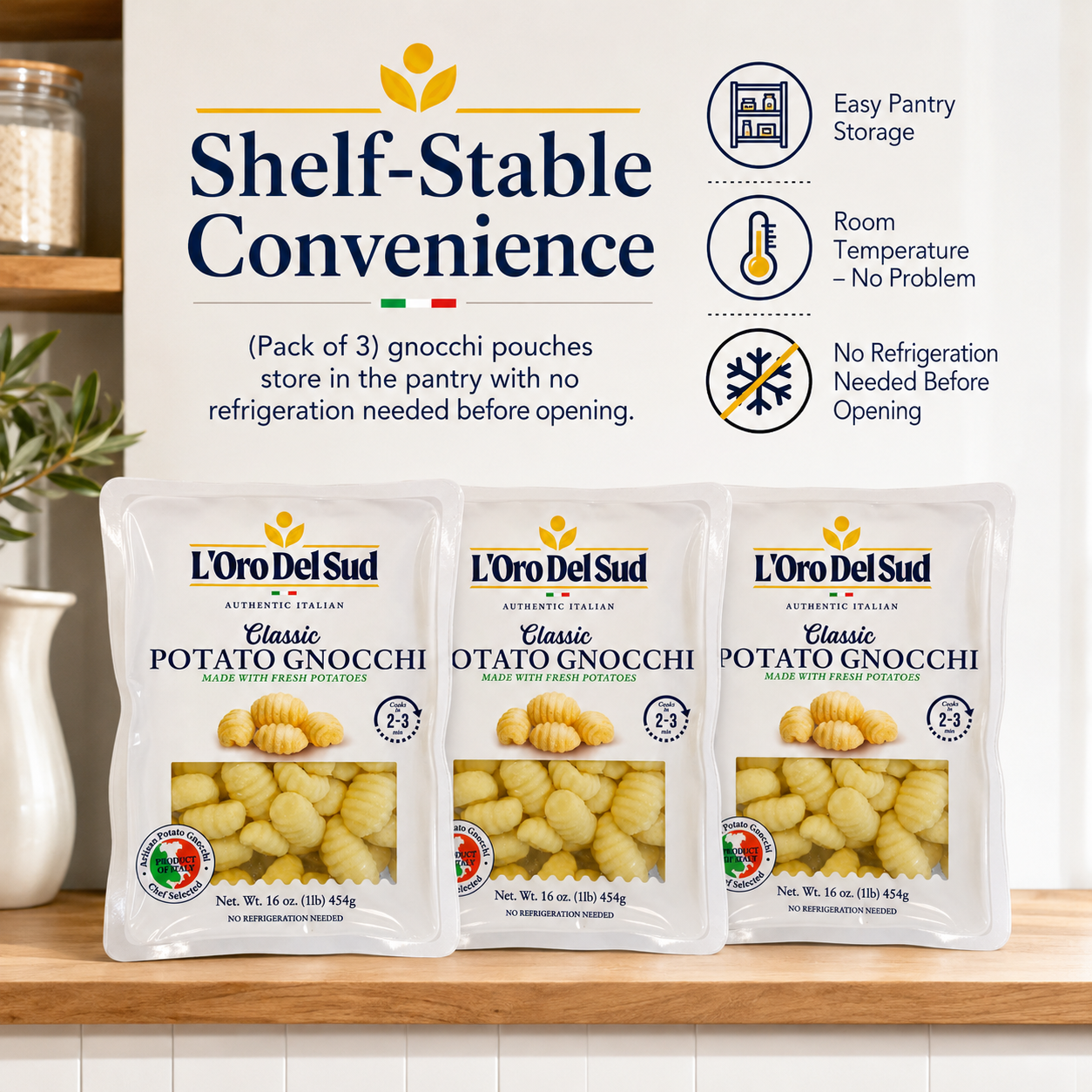 L’Oro Del Sud classic potato gnocchi 12 pack, authentic Italian pasta