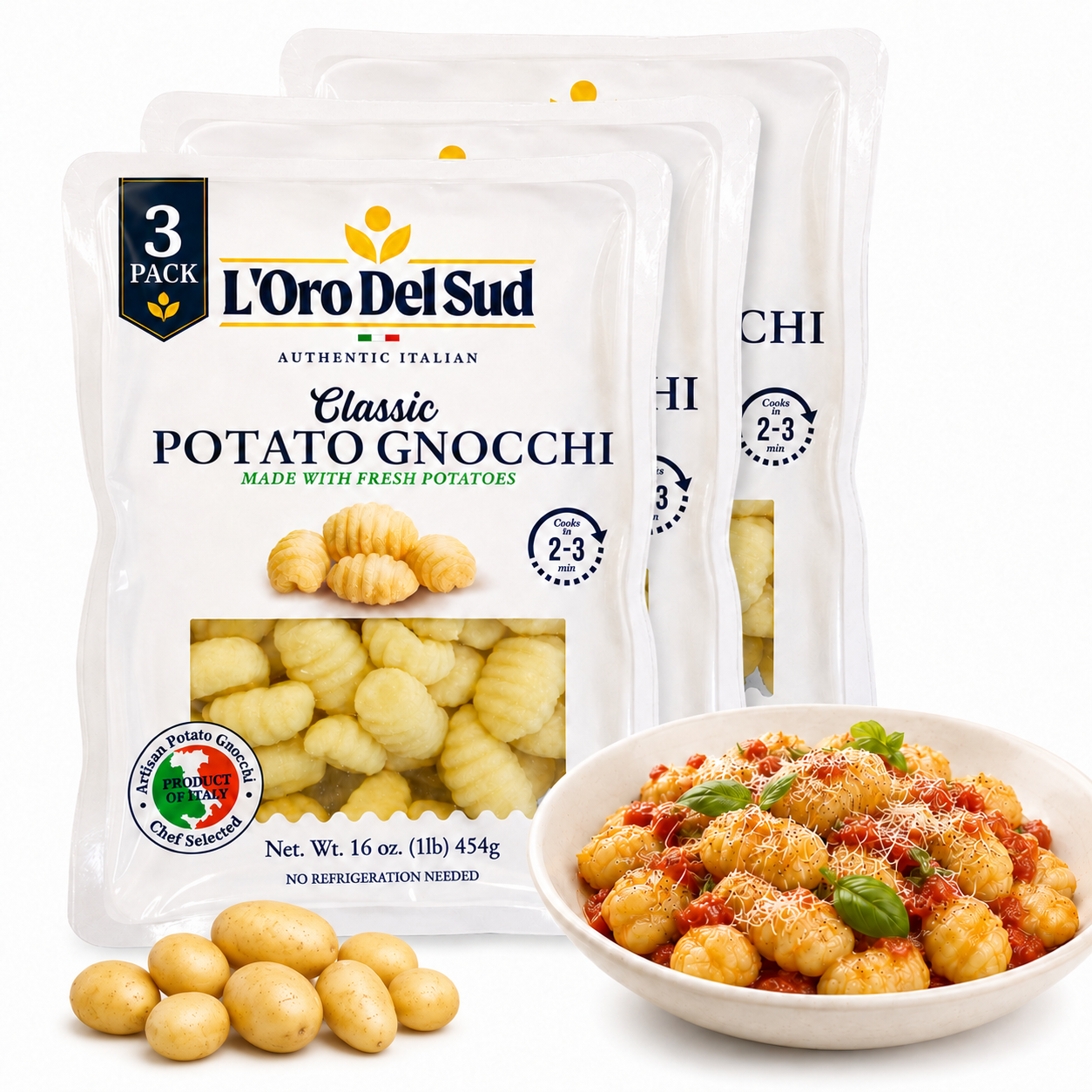 L'Oro Del Sud Potato Gnocchi — 3 x 1 lb bags of authentic Italian gnocchi made with 70% potatoes. Vegan, Non-GMO, no preservatives. Ready in 2–3 minutes.