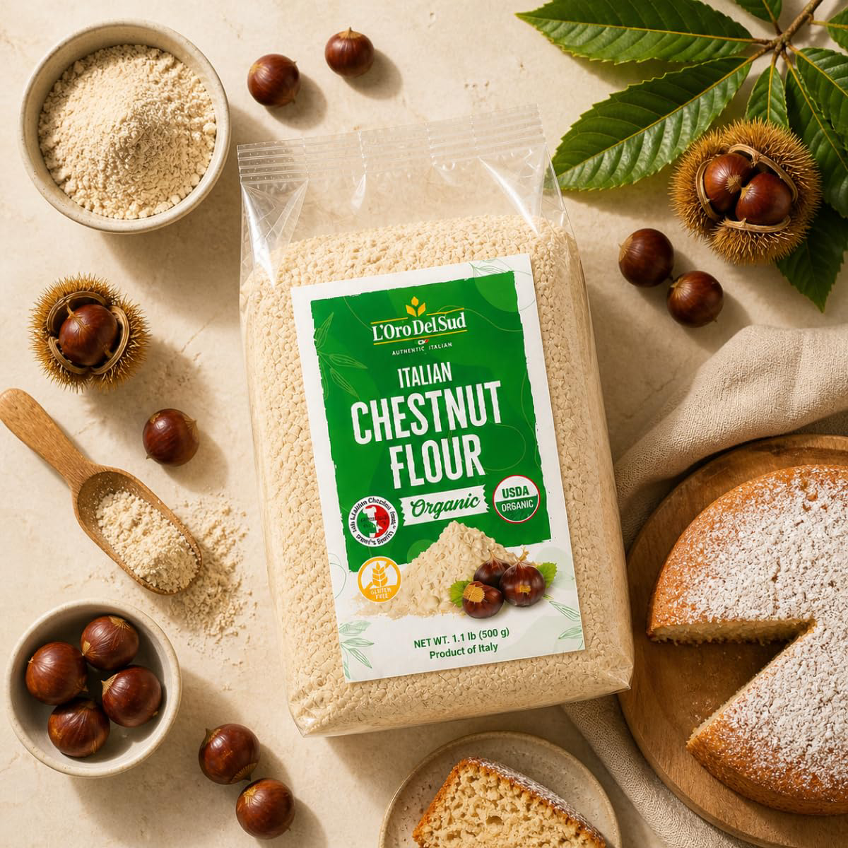 L'Oro Del Sud Chestnut Flour (500g / 1.1 lb) — premium gluten-free specialty flour from Southern Italy. Naturally sweet, rich in fiber & minerals. Perfect for gluten-free baking, pasta, crepes & traditional Italian recipes.