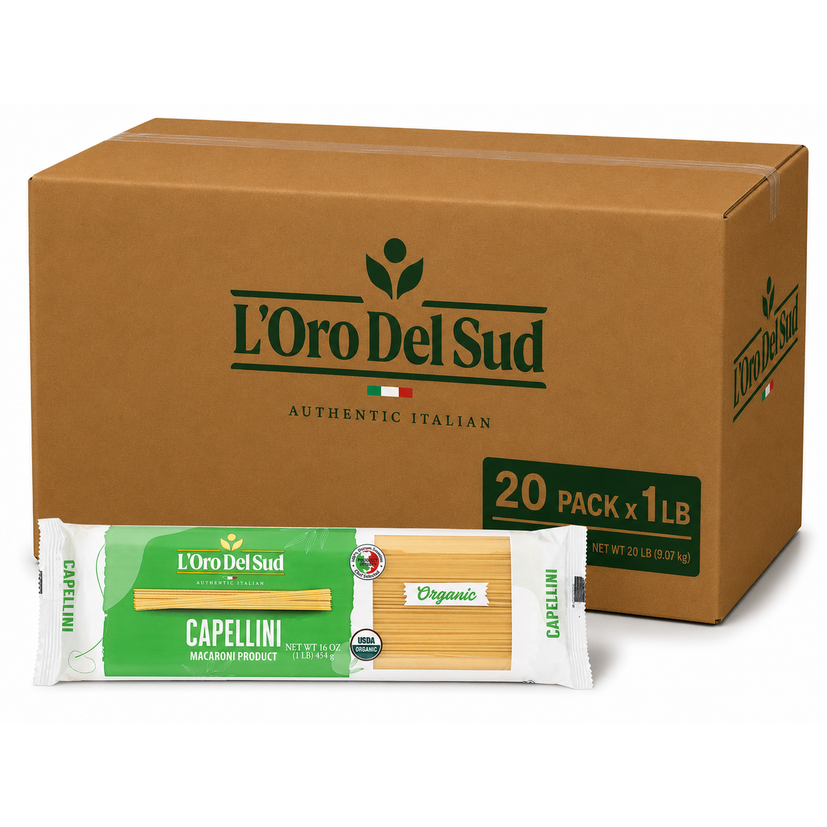 L'Oro Del Sud, Organic Capellini Pasta 20 Pack x 1 lb