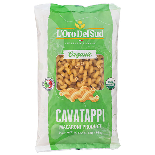 A package of L'Oro Del Sud Organic Cavatappi Pasta, showing the pasta inside a transparent window on the front of the package.