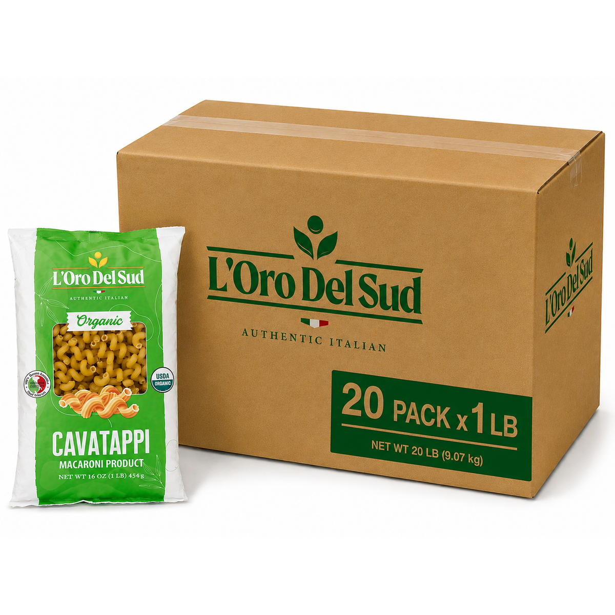 A 20-pack bulk box of L'Oro Del Sud Cavatappi macaroni next to a single bag of organic pasta on a white background.