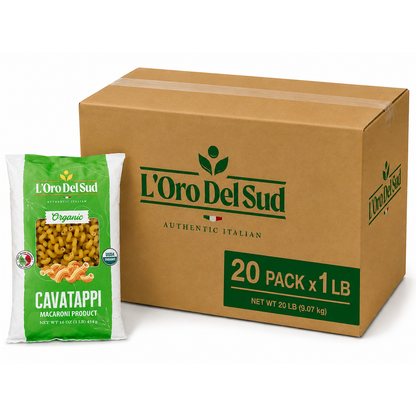 A 20-pack bulk box of L'Oro Del Sud Cavatappi macaroni next to a single bag of organic pasta on a white background.