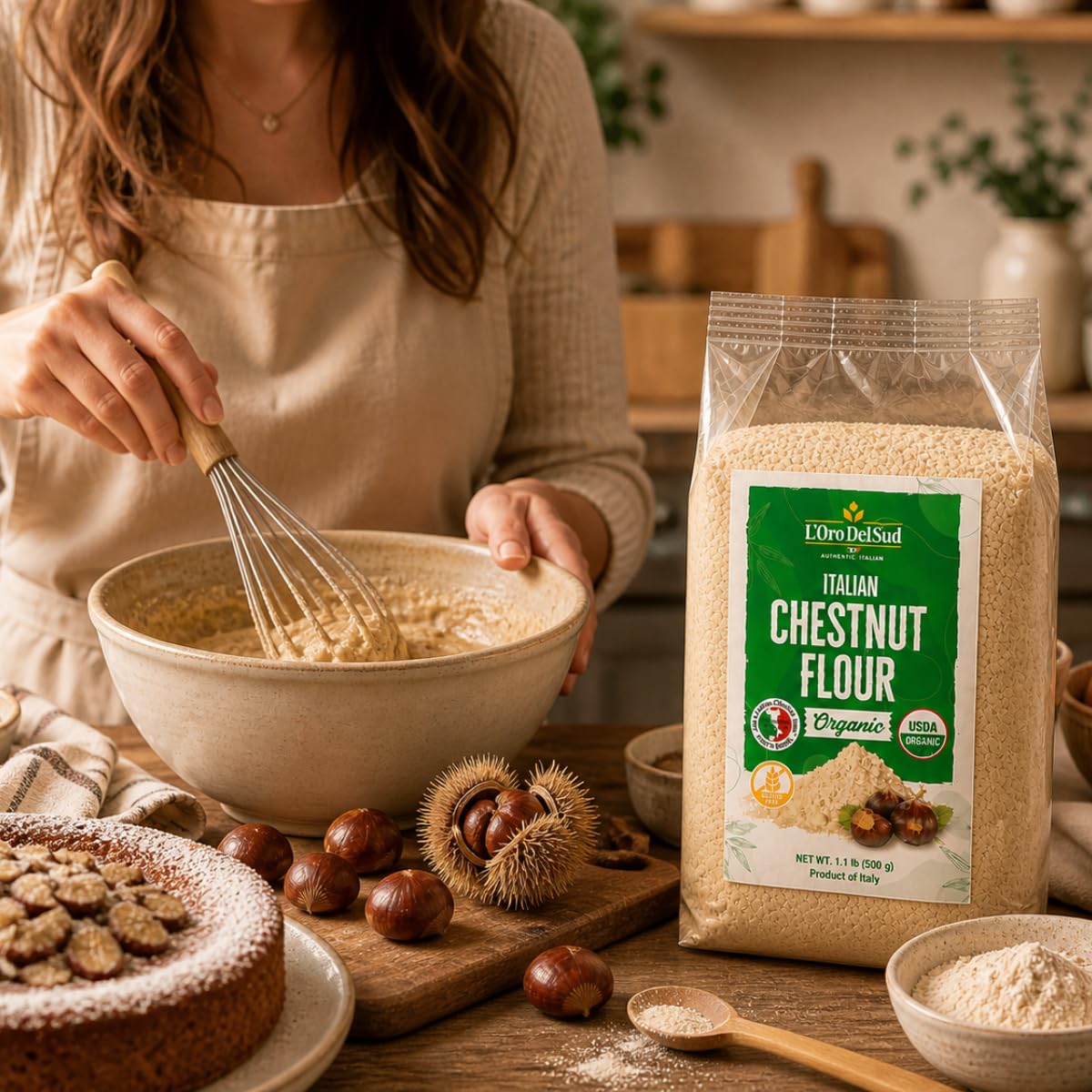 L'Oro Del Sud Chestnut Flour (500g / 1.1 lb) — premium gluten-free specialty flour from Southern Italy. Naturally sweet, rich in fiber & minerals. Perfect for gluten-free baking, pasta, crepes & traditional Italian recipes.