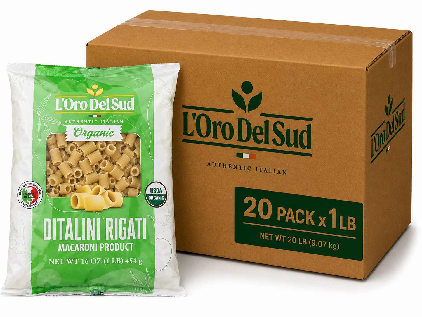L'Oro Del Sud, Organic Ditalini Pasta, 20 Pack x 1 lb