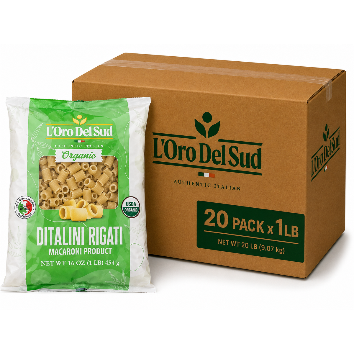 L'Oro Del Sud, Organic Ditalini Pasta, 20 Pack x 1 lb