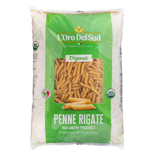 A package of L'Oro Del Sud Organic Penne Rigate Pasta. The packaging is predominantly green with an image of the pasta visible through a transparent window.