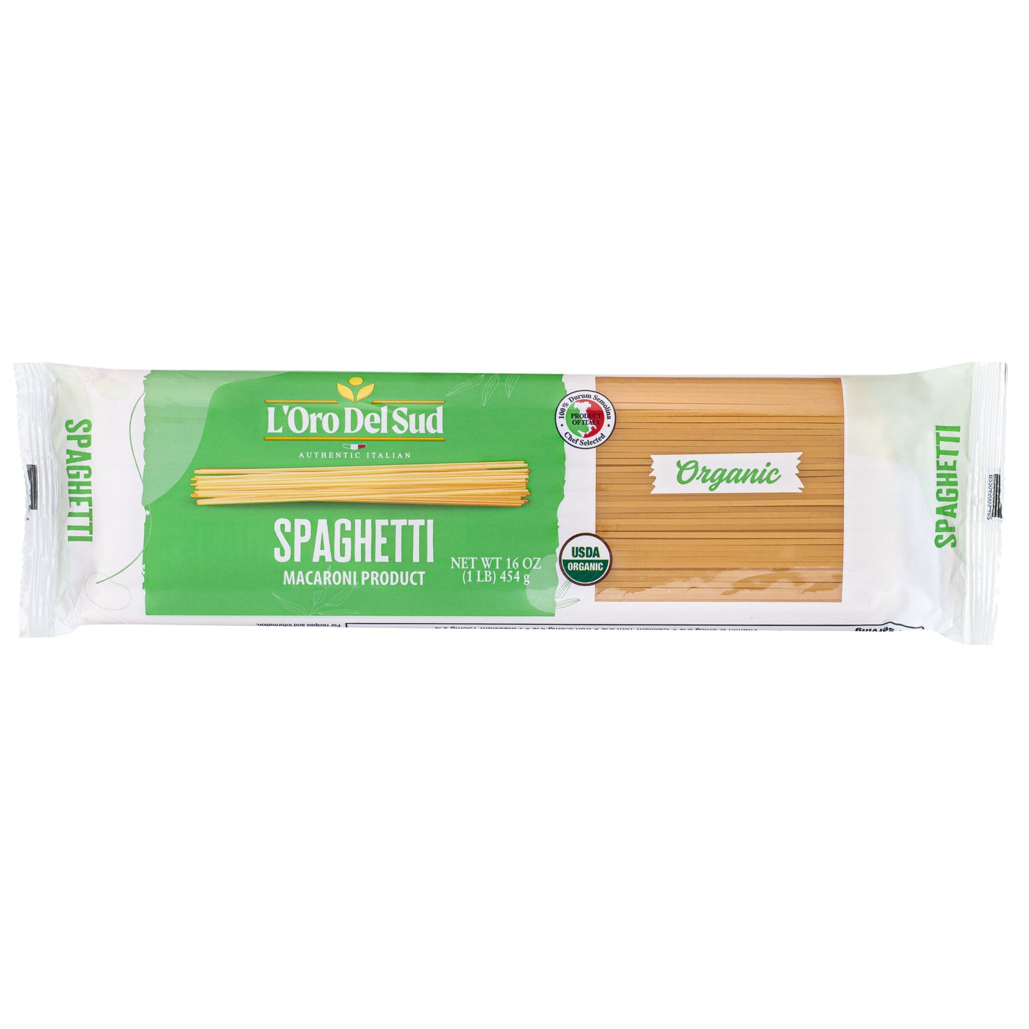 Packaging of L'Oro Del Sud Organic Spaghetti Pasta, showing a clear window with spaghetti pasta visible inside, and labels indicating organic and kosher certifications.