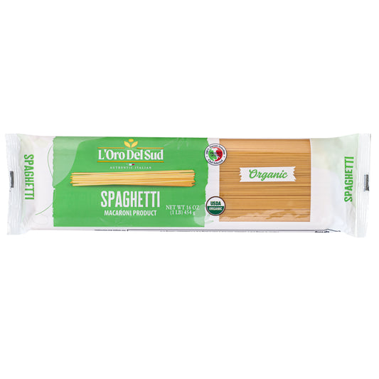 Packaging of L'Oro Del Sud Organic Spaghetti Pasta, showing a clear window with spaghetti pasta visible inside, and labels indicating organic and kosher certifications.