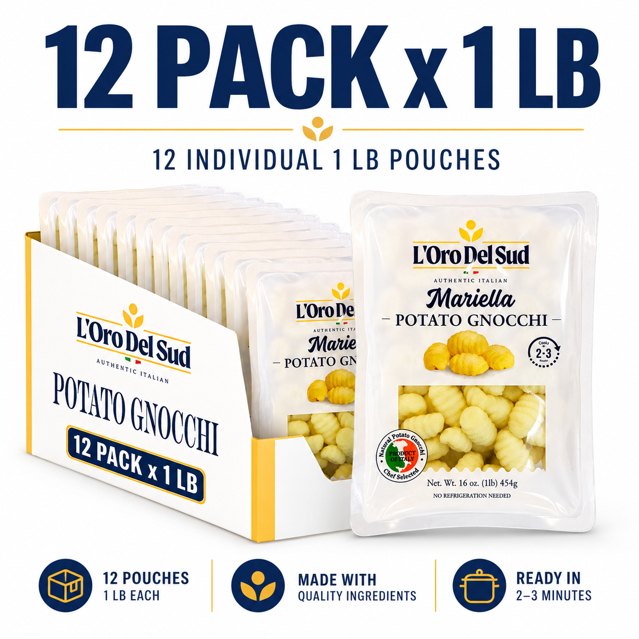 L’Oro Del Sud classic potato gnocchi 12 pack, authentic Italian pasta