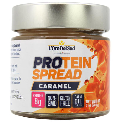 Jar of L’Oro Del Sud Protein Spread Caramel flavor, 7 oz (200g), high-protein gluten-free non-GMO palm oil free Italian caramel spread