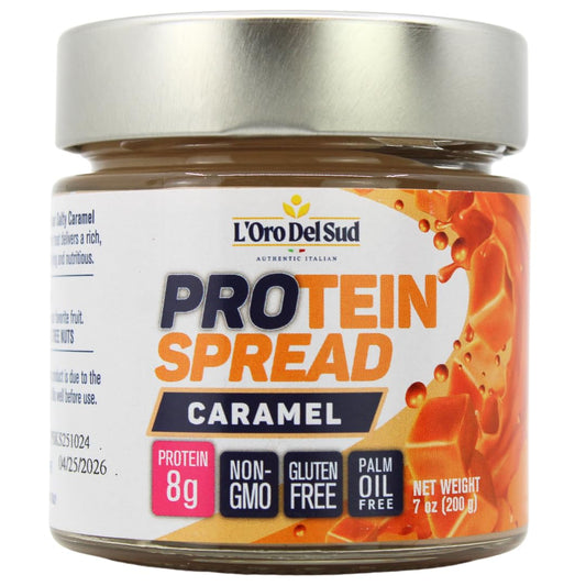 Jar of L’Oro Del Sud Protein Spread Caramel flavor, 7 oz (200g), high-protein gluten-free non-GMO palm oil free Italian caramel spread