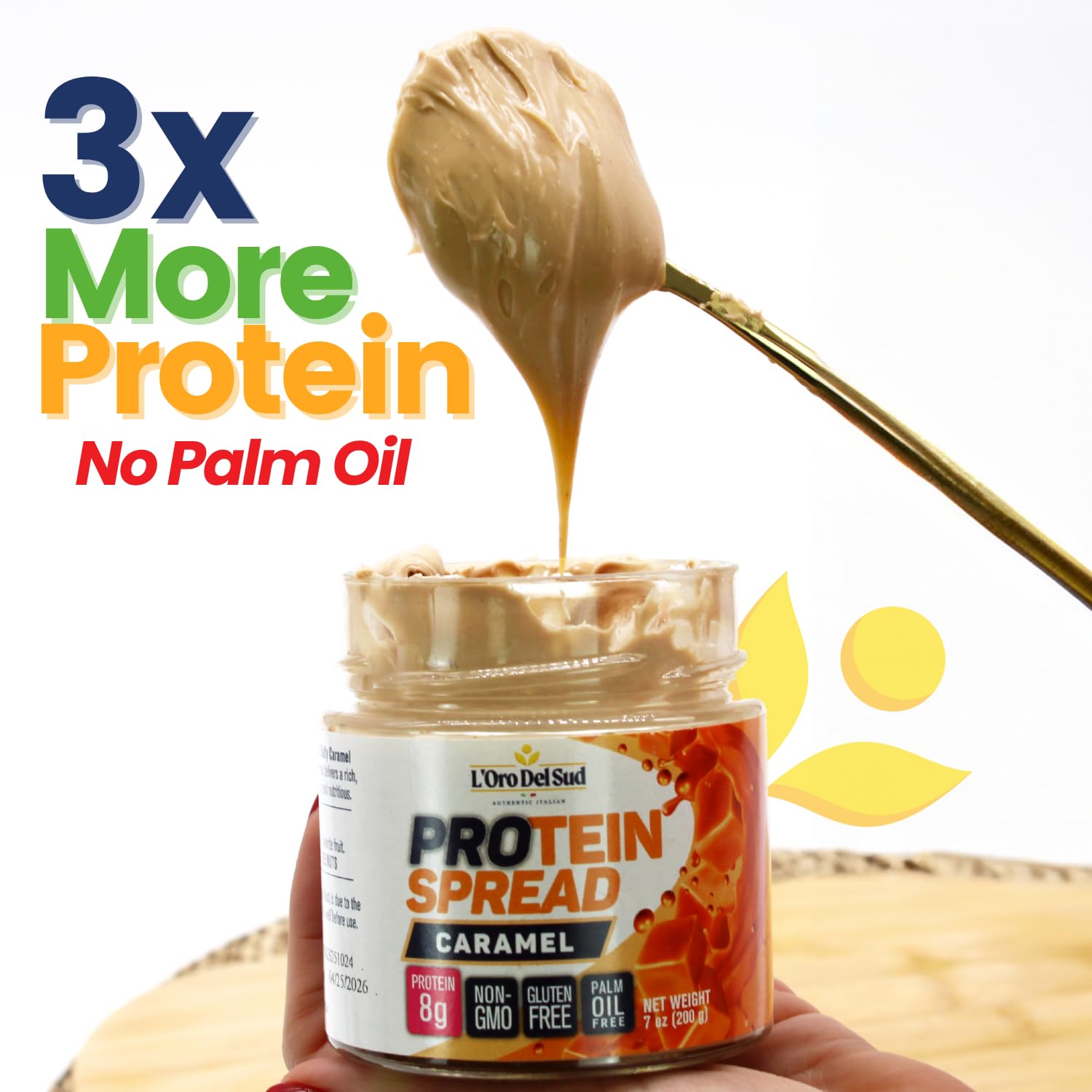 L’Oro Del Sud Protein Spread Caramel – high protein caramel cream with 3x more protein, no palm oil, gluten free, non-GMO. Perfect healthy spread for snacks, desserts, pancakes, waffles, and toast