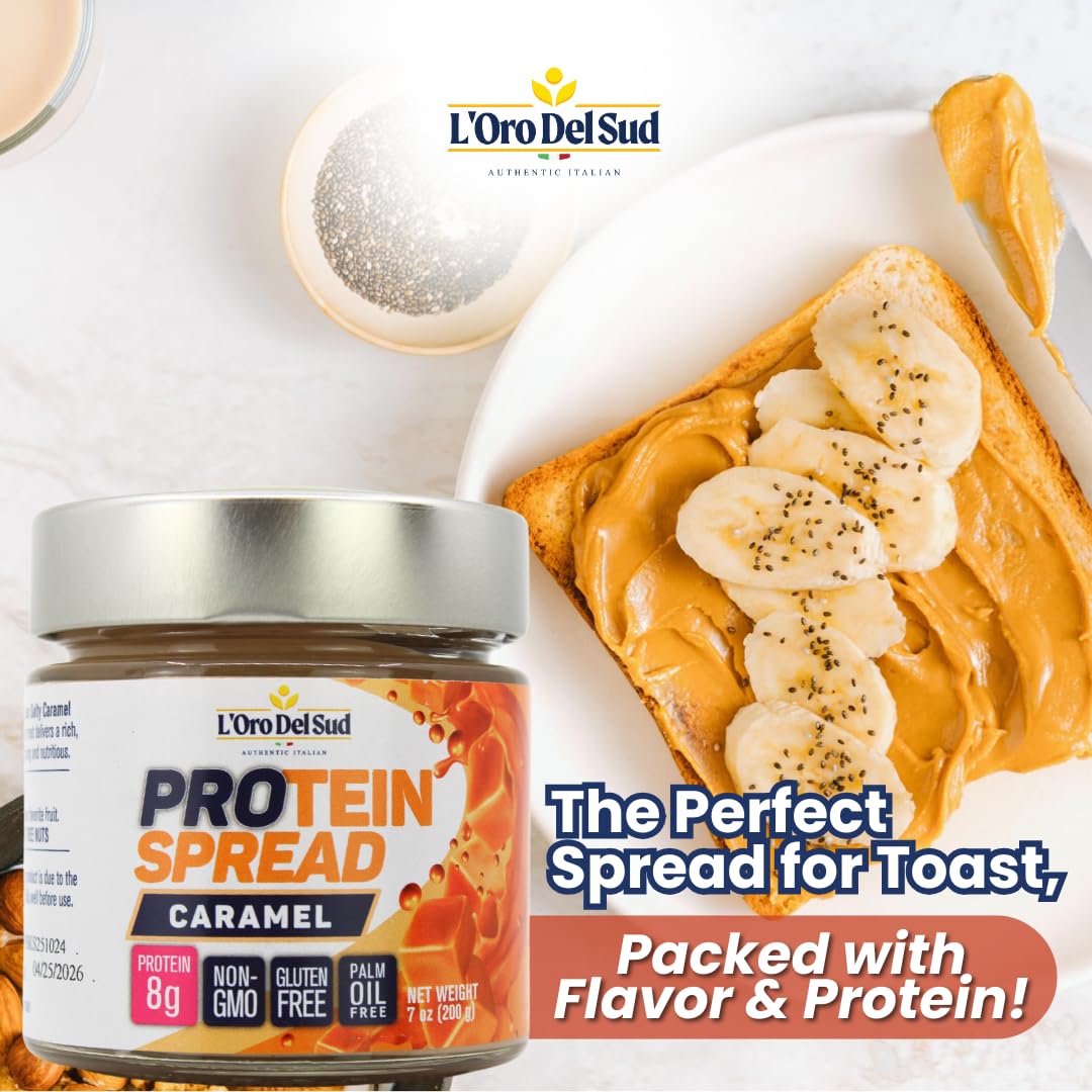 L’Oro Del Sud Protein Spread Caramel – Creamy high-protein caramel spread on toast with banana slices. 8g protein per serving, gluten-free, non-GMO, palm oil free. Perfect healthy breakfast or snack spread, rich flavor packed with protein for fitness and wellness.