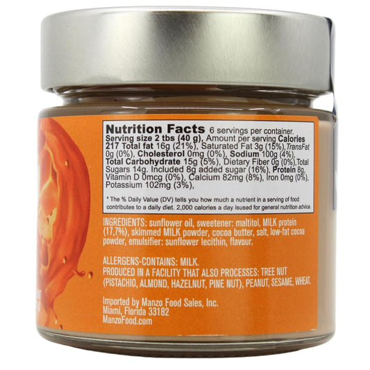 Back label of L’Oro Del Sud Protein Spread Caramel jar showing nutrition facts, ingredients with milk protein and cocoa butter, allergen information
