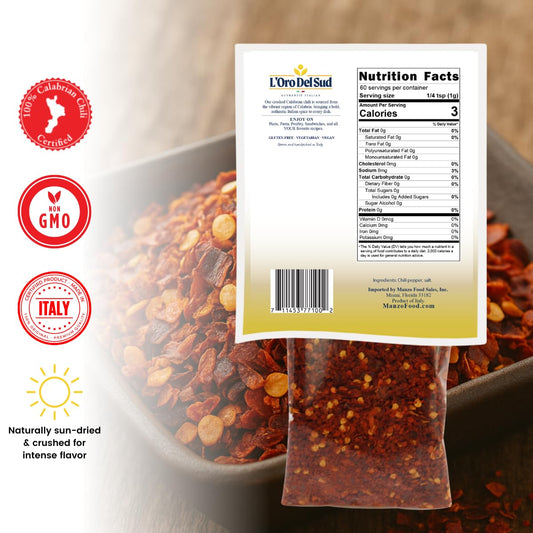 Spice package with nutrition facts label and certification logos on a blurred background