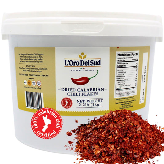 Container of L'Oro Del Sud dried Calabrian chili flakes with a label on a white background.