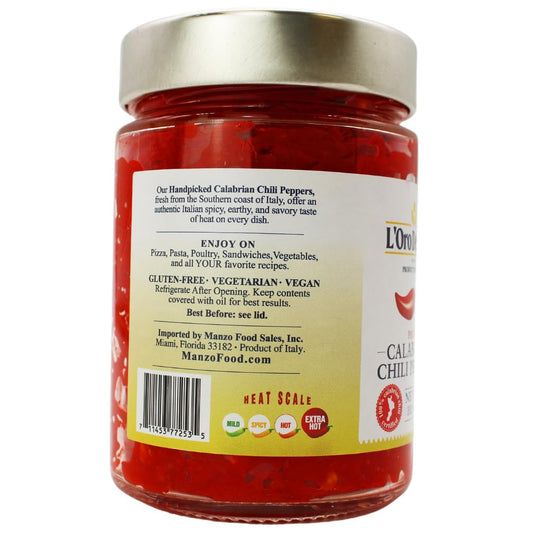 Jar of L'Oro Calabrian Chili Peppers with label on a white background