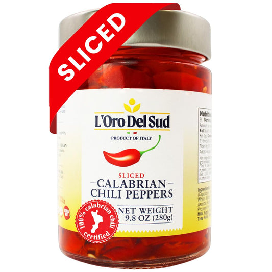 Jar of L'Oro Del Sud sliced Calabrian chili peppers with a red label.