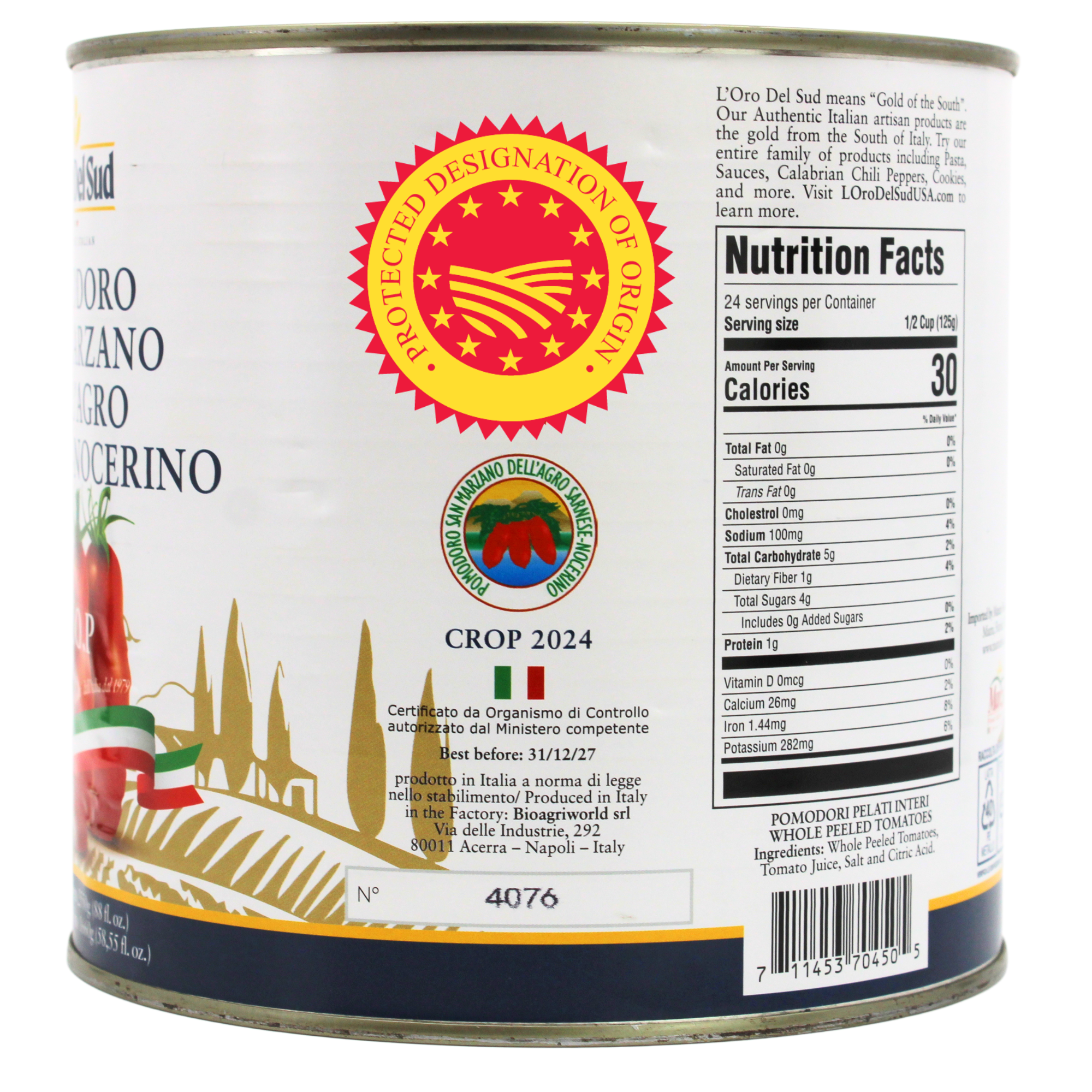 L’Oro Del Sud,  D.O.P San Marzano Tomatoes canned of Agro Sarnese-Nocerino Area, Net Wt. 2550g (88 fl. oz)