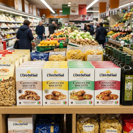 Display of L'Oro Del Sud biscotti boxes in a grocery store with various products in the background.