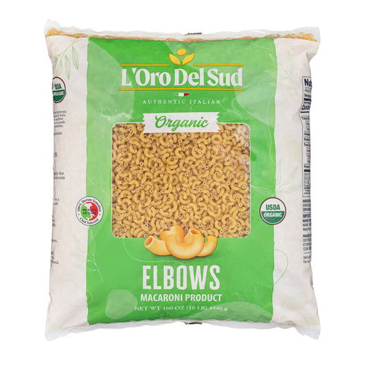 A package of L'Oro del Sud Organic Elbows Macaroni Product. The packaging is predominantly green with a clear window showing the pasta inside.