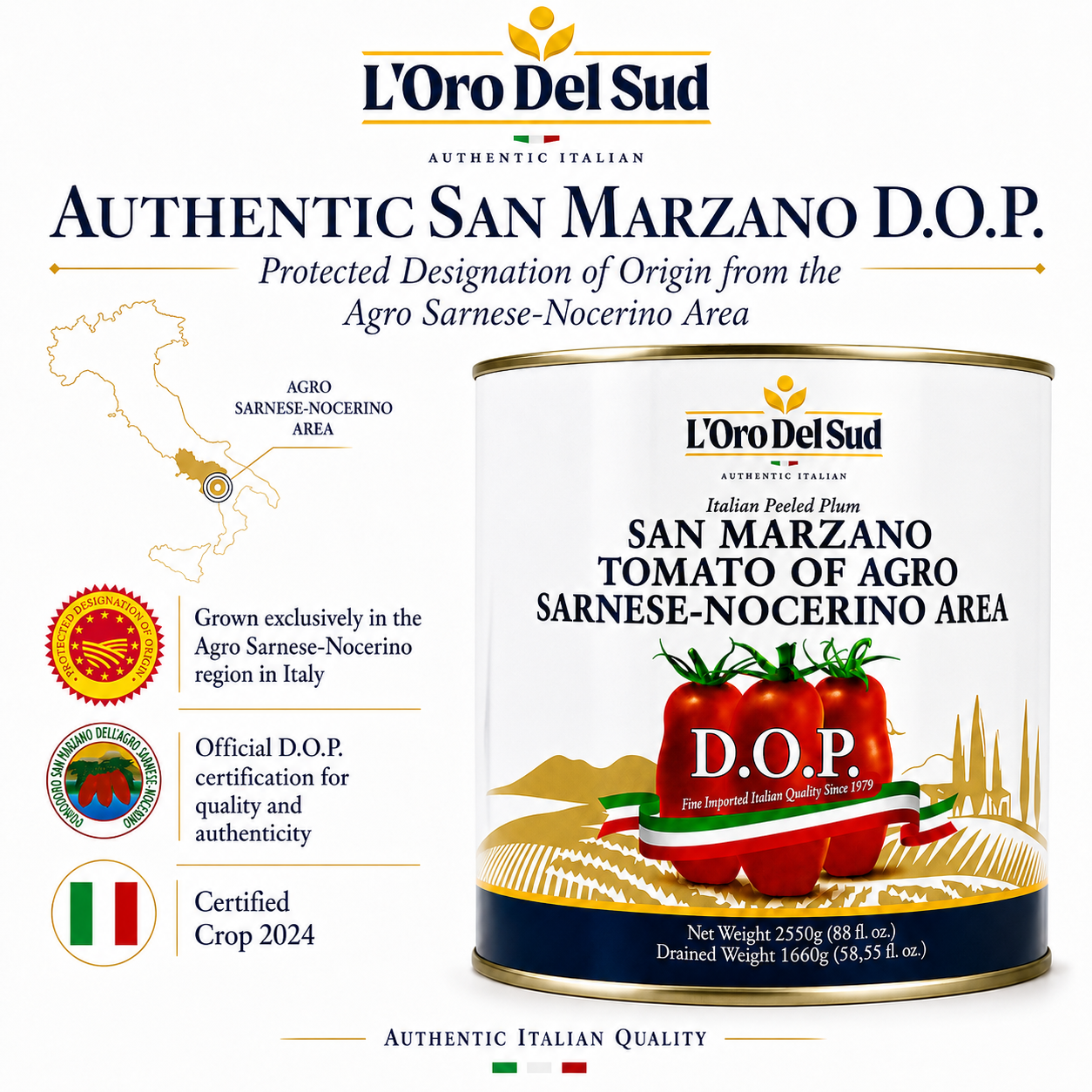 L'Oro Del Sud Pomodoro San Marzano dell’Agro Sarnese-Nocerino D.O.P. whole peeled tomatoes, 2550g can, authentic Italian product