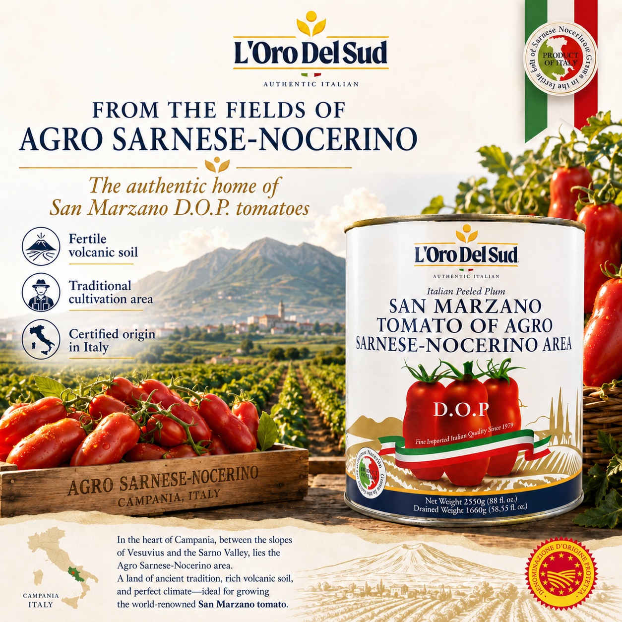 L'Oro Del Sud Pomodoro San Marzano dell’Agro Sarnese-Nocerino D.O.P. whole peeled tomatoes, 2550g can, authentic Italian product
