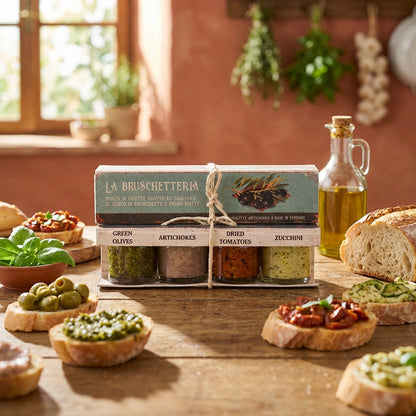 Packaged food items on a wooden table with bread and herbs in the background