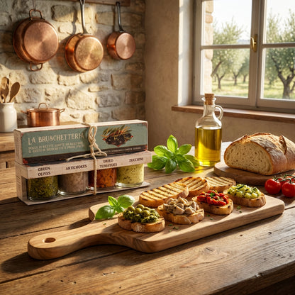 Wooden table with bread, olive oil, and various food items in a rustic kitchen setting.