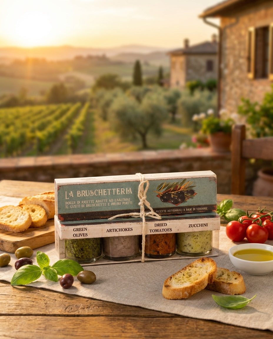 I.A. Bruschetteri food packaging on a wooden table with a scenic background of vineyards and olive trees.