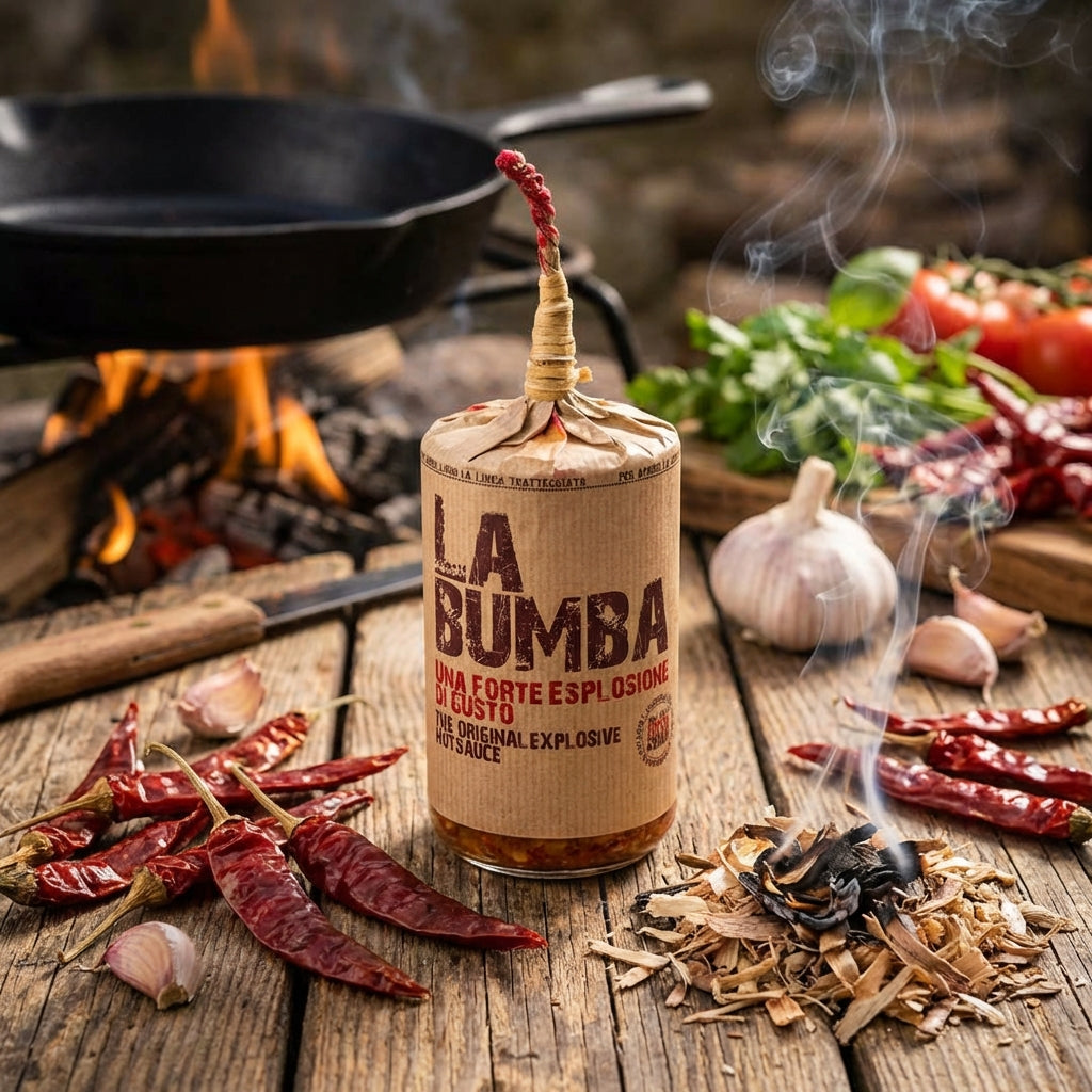 La Bumba hot sauce bottle on a wooden table with chili peppers and garlic