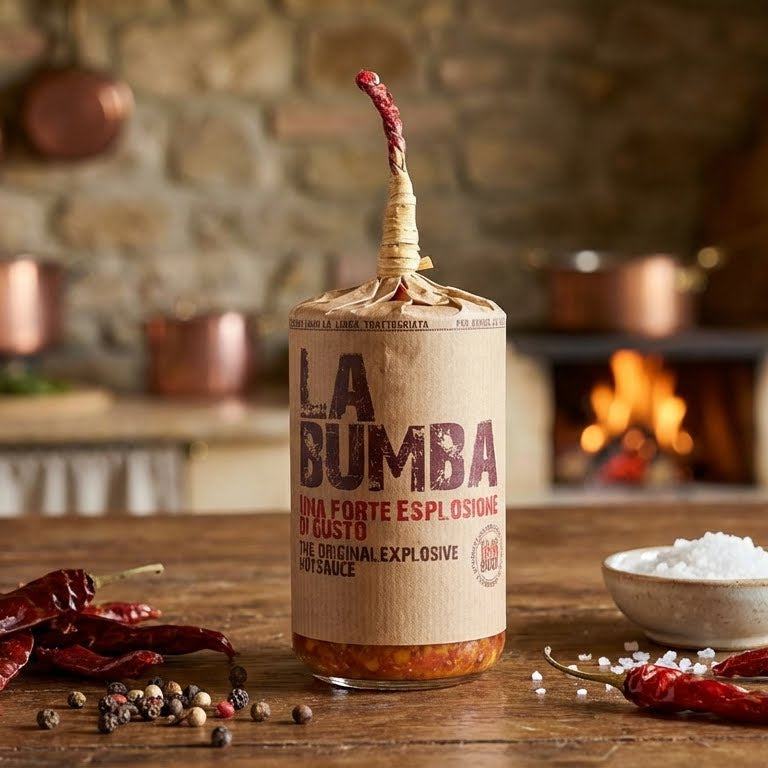 La Bumba hot sauce bottle on a wooden surface with a stone wall and fire in the background