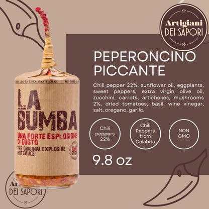 Hot sauce bottle labeled 'La Bumba' with ingredient list and brand logo on a beige background