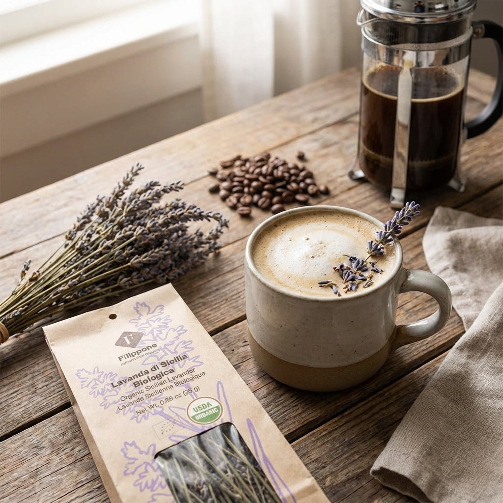 Cup of coffee with lavender on a wooden table next to a package of lavender buds.