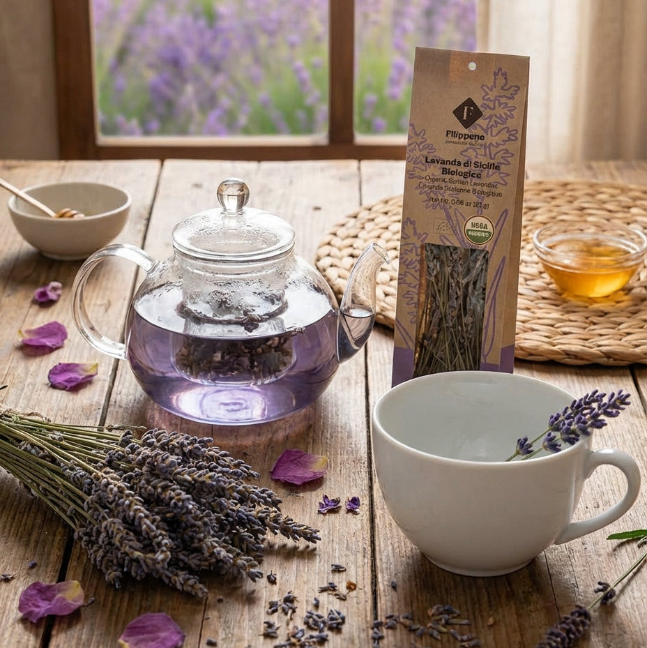 Lavender tea set with teapot, cup, and packaging on a wooden table with lavender flowers in the background.