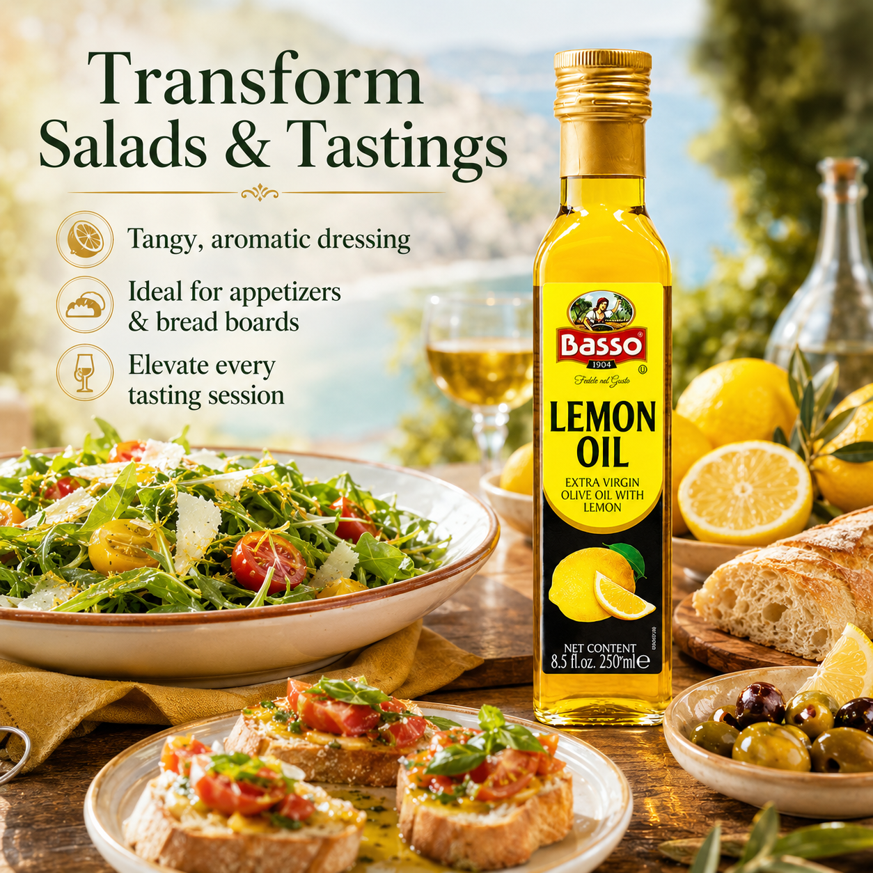 Basso 1904 Lemon Infused Extra Virgin Olive Oil 8.5 fl oz (250 ml) – premium Italian EVOO infused with natural lemon essence, perfect for seafood, salads, pasta, desserts, and Mediterranean cooking.