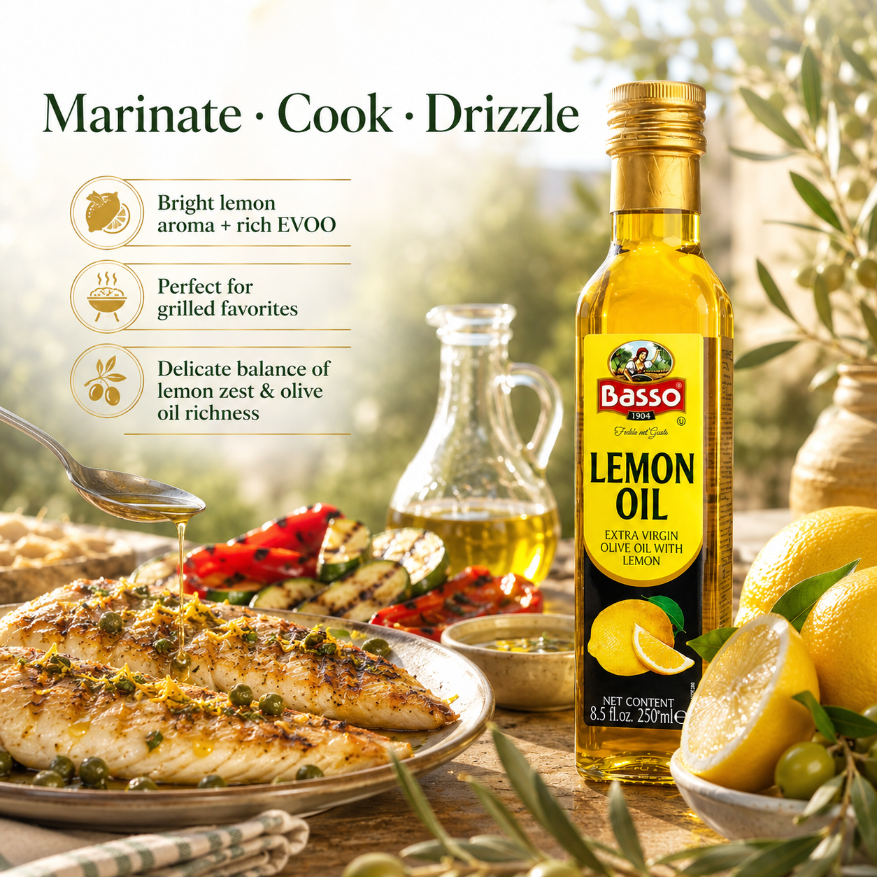 Basso 1904 Lemon Infused Extra Virgin Olive Oil 8.5 fl oz (250 ml) – premium Italian EVOO infused with natural lemon essence, perfect for seafood, salads, pasta, desserts, and Mediterranean cooking.