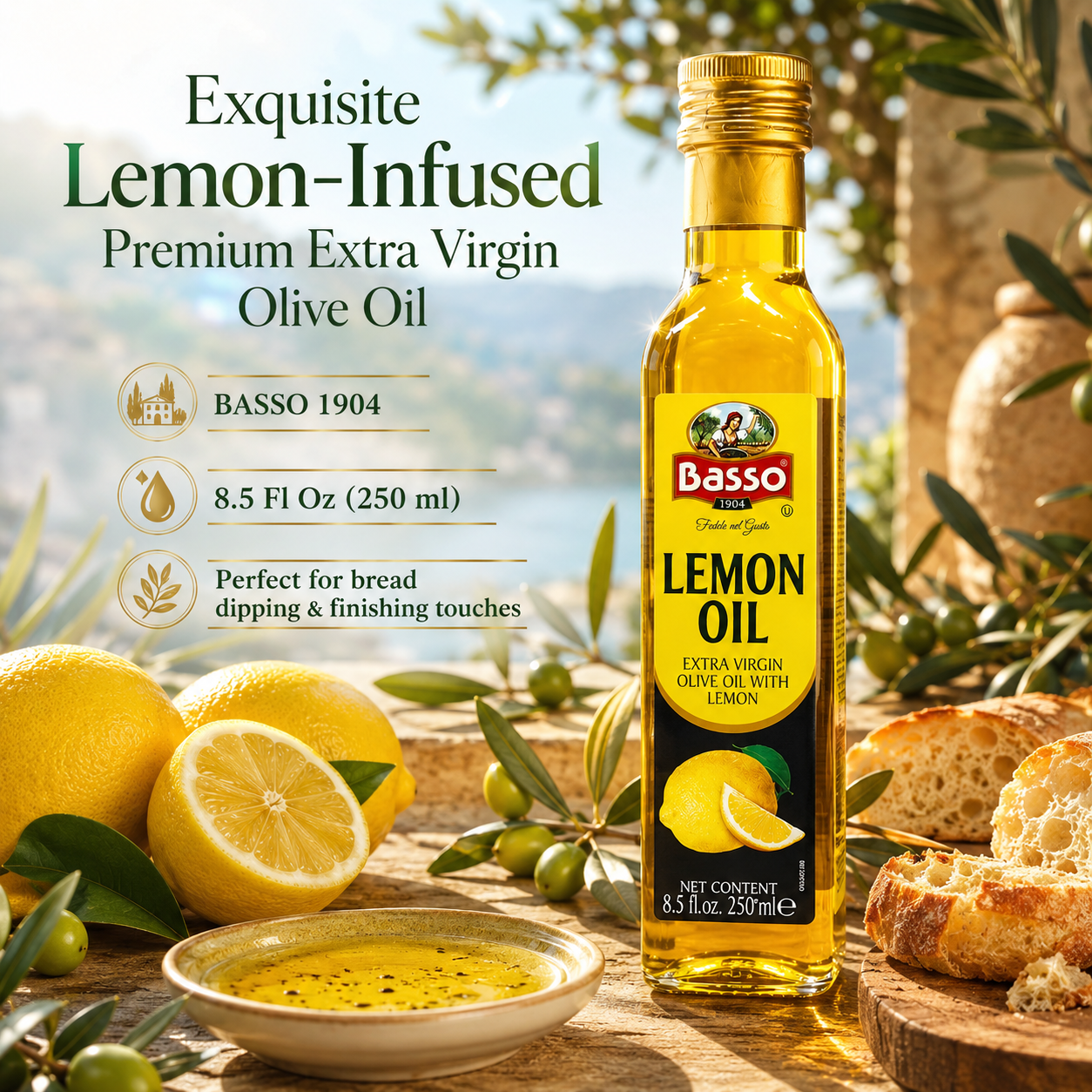 Basso 1904 Lemon Infused Extra Virgin Olive Oil 8.5 fl oz (250 ml) – premium Italian EVOO infused with natural lemon essence, perfect for seafood, salads, pasta, desserts, and Mediterranean cooking.