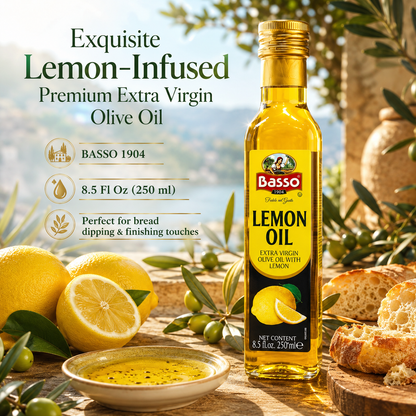 Basso 1904 Lemon Infused Extra Virgin Olive Oil 8.5 fl oz (250 ml) – premium Italian EVOO infused with natural lemon essence, perfect for seafood, salads, pasta, desserts, and Mediterranean cooking.