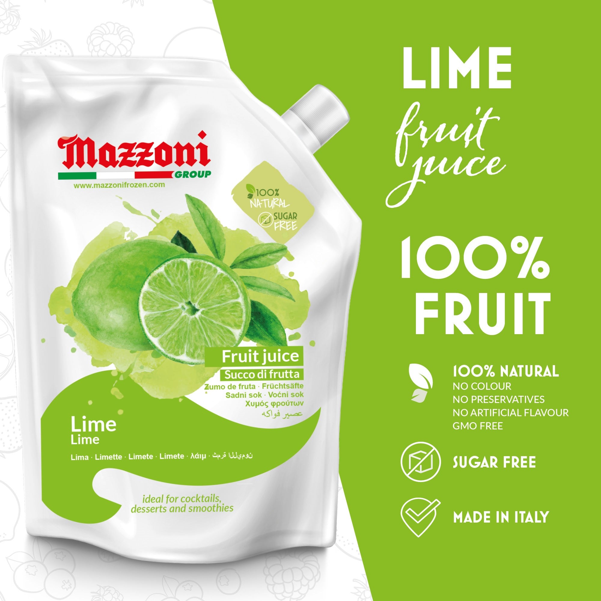 Mazzoni, Real Lime Juice, 100% Pure Lime, limonade mix, , Just lime Juice, No Sugar Added, Not from Concentrate, No Added Ingredients, Real Juice for Smoothies, Drinks, Cocktails, 2.2 lb. Convenient Pouch, Made in Italy
