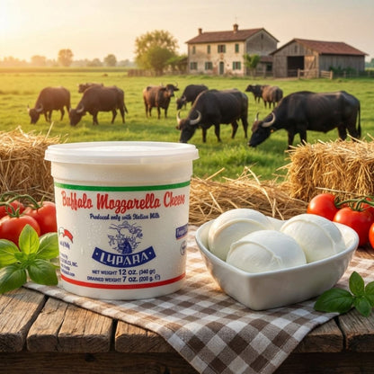 Lubara Buffalo Mozzarella Cheese container with fresh mozzarella balls on a wooden table in a pastoral setting.