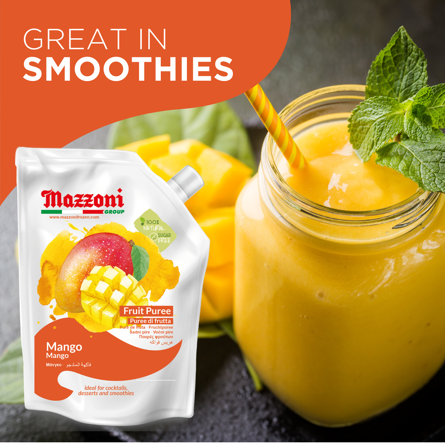 Mazzoni, Mango real fruit puree, Mango fruit puree for cocktails, Mango fruit pulp, Mango puree for drinks 
