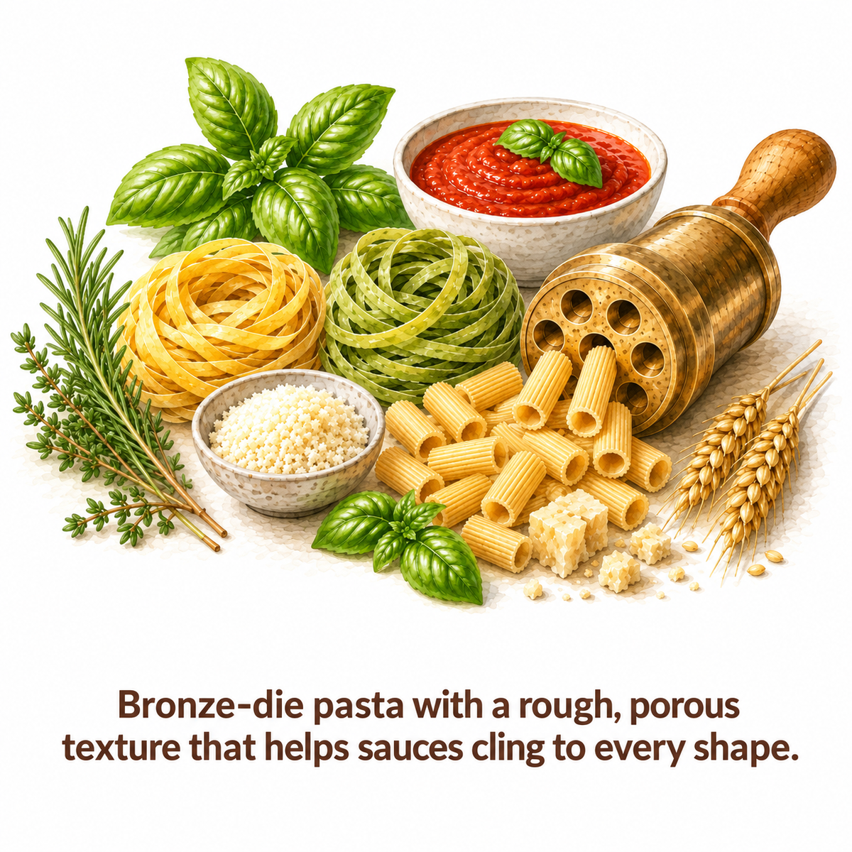 Watercolor of bronze-die Marulo pasta with a rough texture designed to hold sauces.