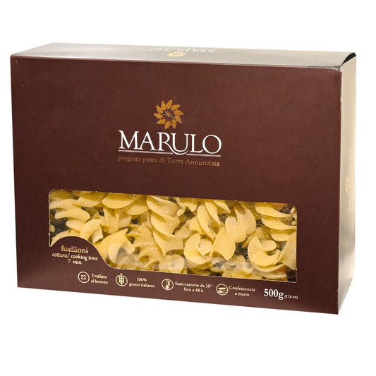 Box of Marulo Fusilloni artisan pasta, 500g, made in Torre Annunziata, Italy. Bronze-die cut pasta made with 100% Italian durum wheat and dried up to 48 hours.